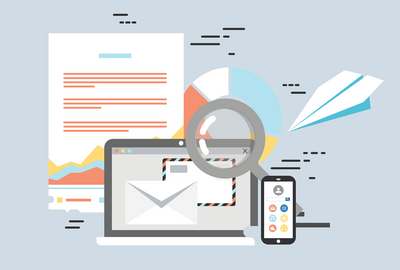 A graphic showing different forms of communication. In the middle, there is a computer laptop with an image of an envelope on the screen. Next to that is a smart phone. Behind the computer is a letter and a paper airplane. A magnifying glass is above the top right corner of the computer.