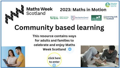 The image shows a preview of the Community Learning Thinglink. In the bottom left is a photo of two adults holding a laptop. In the bottom right is a photo of a mother and father reading a book together with their child. The text on the preview reads "Community based learning - this resource maintains ways for adults and families to celebrate and enjoy Maths Week Scotland"