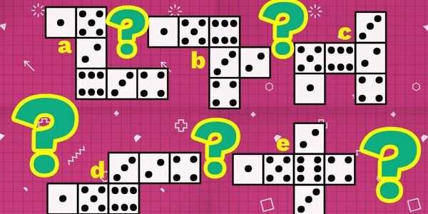 Domino tiles interspersed with green and yellow question marks, on a bright pink background.