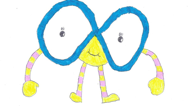 A drawing of a maths mascot consisting of a giant infinity blue sign with with a face, with pink and yellow striped arms and legs.