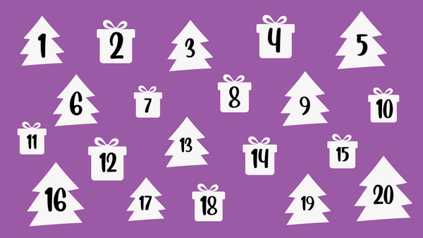 The numbers 1 to 20 are displayed inside white shapes, alternating between trees and presents. The background is purple.