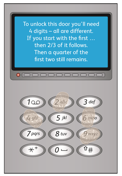 A graphic image of a keypad, with fingerprints on top of the numbers 2, 4, 6 and 9. Above the keypad is a screen, with the words "To unlock this door you'll need 4 digits - all are different. If you start with the first, then 2/3 of it follows. Then a quarter of the first two still remains."