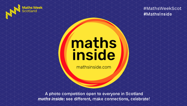 This graphic shows a yellow circle with a red rim around it, on a navy blue background. Inside the circle are the words maths inside and the URL mathsinside.com