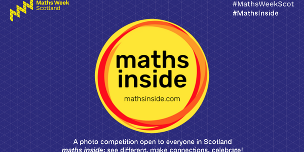 This graphic shows a yellow circle with a red rim around it, on a navy blue background. Inside the circle are the words maths inside and the URL mathsinside.com