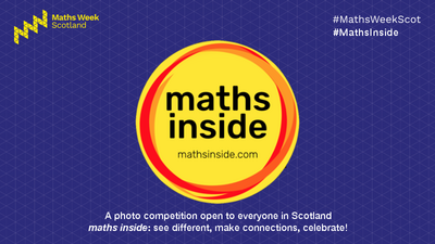 This graphic shows a yellow circle with a red rim around it, on a navy blue background. Inside the circle are the words maths inside and the URL mathsinside.com