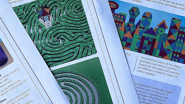 A cropped close up of four printed out sheets from the activity packs, showing different activities. One sheet shows bottles with different coloured liquids in them, one sheet shows mazes, and the other two sheets show geometric shapes.