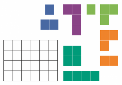In the bottom left corner is a 4 by 6 grid. Around it are various coloured shapes, made up of individual squares.