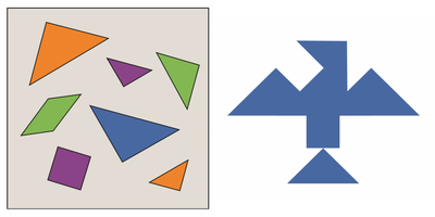 On the left are a selection seven different coloured shapes, on the right is an image of a bird constructed out of those shapes.